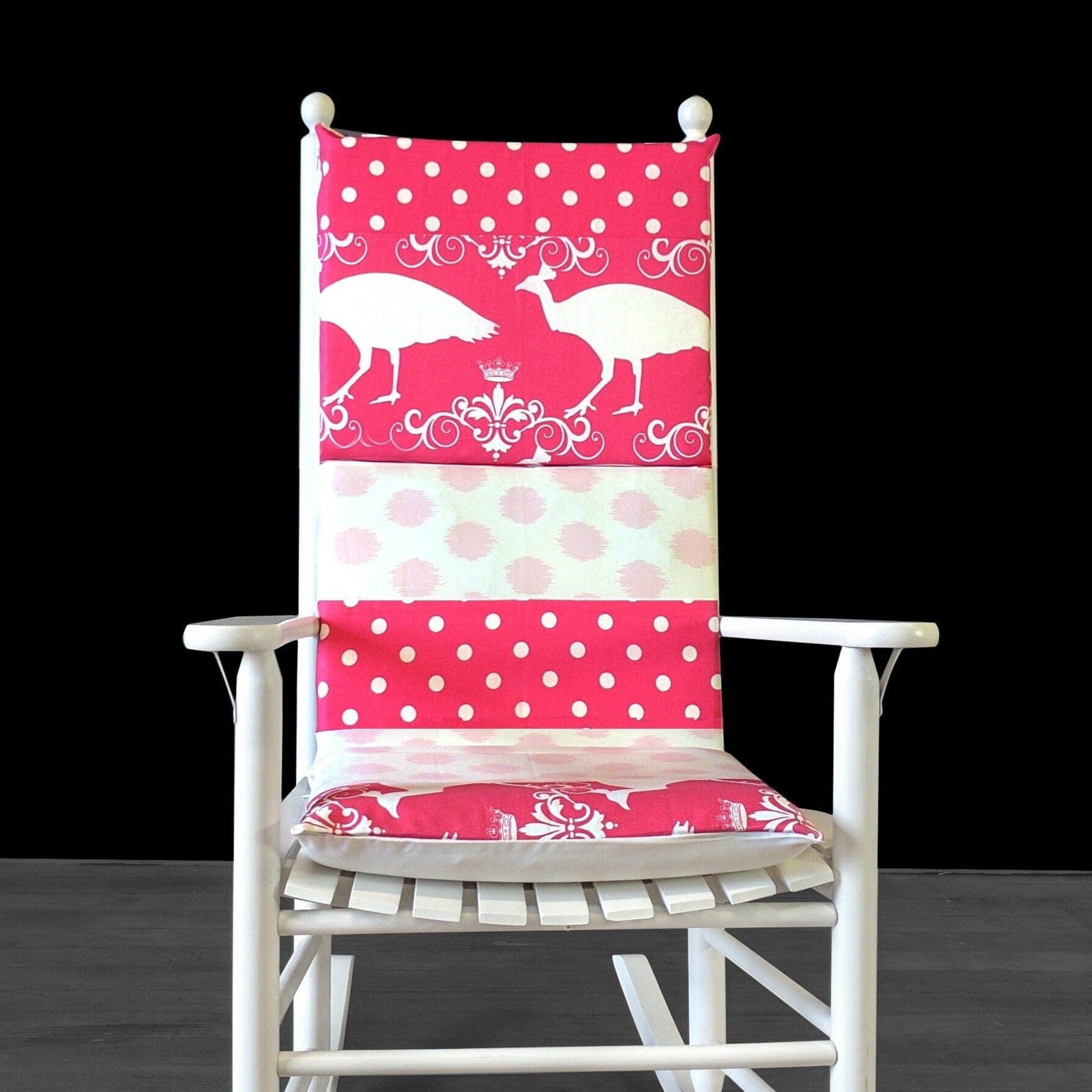 Rockin Cushions Rocking Chair Cushion Patchwork Hot Pink Peacock and Polka Dot Nursery Room Rocking Chair Cushion